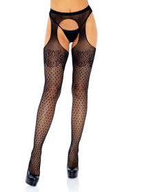 1783B POLKA DOT FISHNET SUSPENDER HOSE WITH LACE TOP AND CUBAN HEE