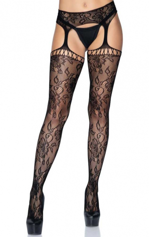 1952BOS GARDENIA LACE STOCKINGS WITH NET TOP AND ATTACHED GARTER BEL