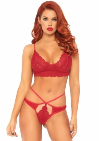  2 PC SWEETHEART LACE BRALETTE AND MATCHING STRAPPY CUT OUT G-STRING RED