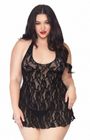 8718QBPS ROSE LACE HALTER CHEMISE WITH G-STRING PLUS SIZE BLACK