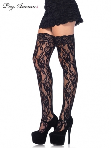 9762BOS ROSE LACE THIGH HIGHS WITH LACE TOP O/S BLACK