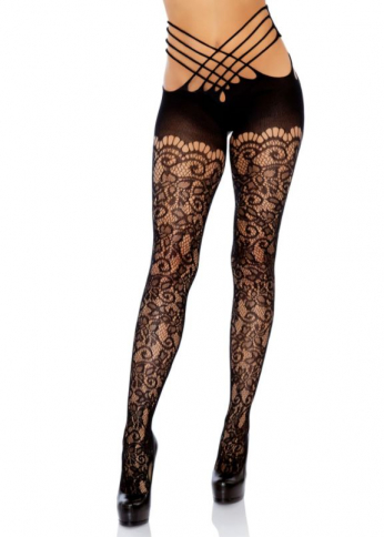 9915B VINE LACE STRAPPY WRAP AROUND OPEN BACK CROTCHLESS TIGHTS.