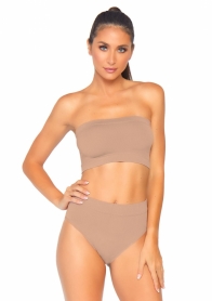  2 PC SEAMLESS OPAQUE MICROFIBER RIBBED BANDEAU TOP AND HIGH WAIST BRIEF NUDE