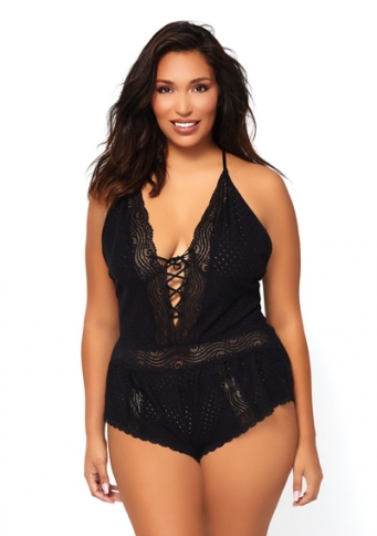 SE8888XB1X2X LACE UP EYELET ROMPER WITH SWIRL LACE ACCENTS