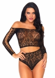 86793 2 PC LACE LONG SLEEVED CROP TOP AND HIGH WAIST THONG BOTTOMS