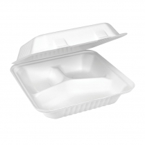9x9" Compostable 3 Compartment Dinner Clamshell Bagasse