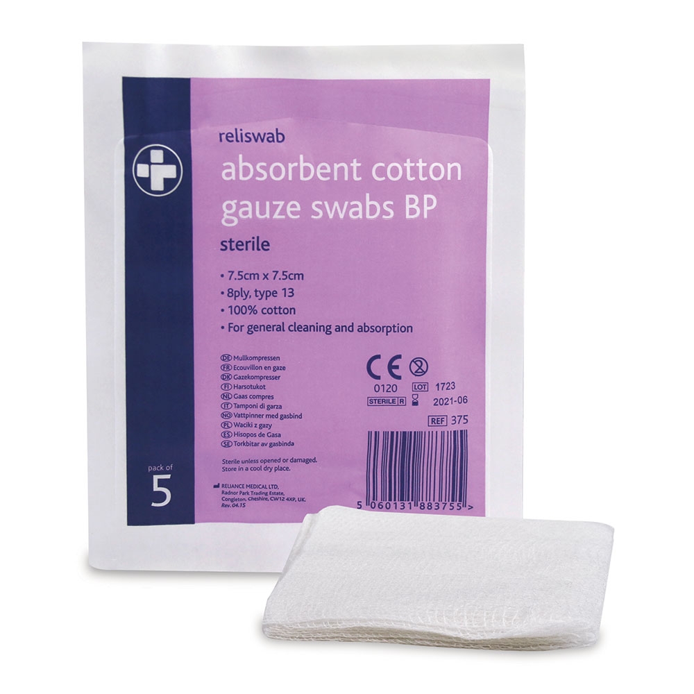 Reliswab Cotton Gauze Swabs BP Sterile 7.5cm x 7.5cm Pack of