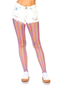 COLORED LUREX SHIMMER RAINBOW STRIPED FISHNET TIGHTS.