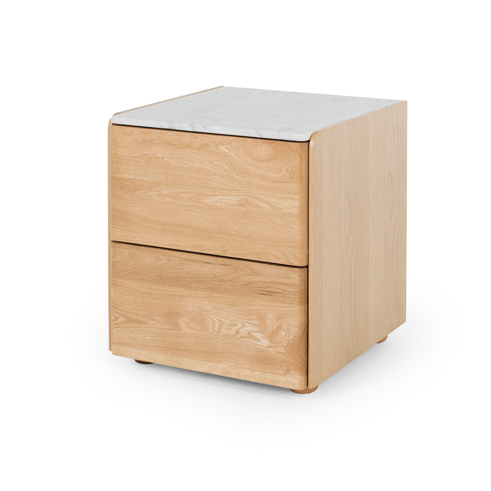 Cube Natural Oak Side Table 2drw (Marble Top)